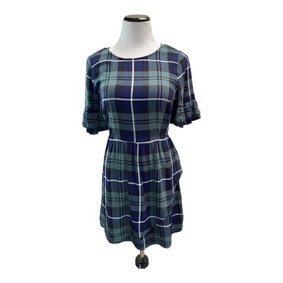 Speechless Green Blue White Plaid Dress Ruffle Sleeve Size M Faux Wrap Cowgirl - Picture 1 of 7